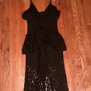 Spaghetti strap lace long black formal dress